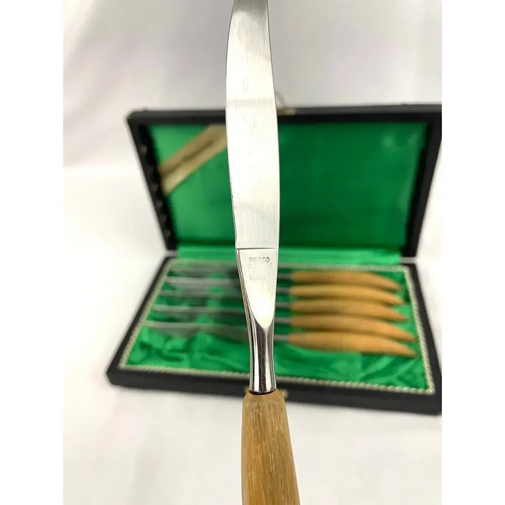 VTG Set of 6‎ Peaso Solingen Stainless Steel Steak Knives Wooden Handles